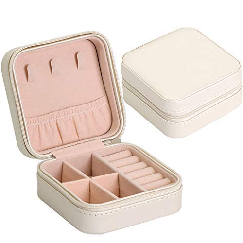 Rolin Roly Small PU Leather Jewelry Storage Case Travel Jewelry Organizer Display Case Portable for Women Storage Organizer Box Earring Ring Zipper (White)