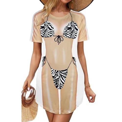 elescat Women's Beach Cover Up Bikini Printed Short Sleeve Tshirt Dress Baggy Cute Coverups Small Zebra Print