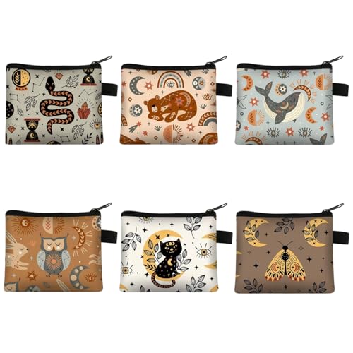 Fubuuf 6 Pièces Mini Porte Monnaie Enfant Femme Mignon Motifs Animaux et Insectes Petit Portefeuille, Pochette de Rangement Portable avec Fermeture Éclair pour Pièces, Clés, Écouteurs, Rouge à Lèvres