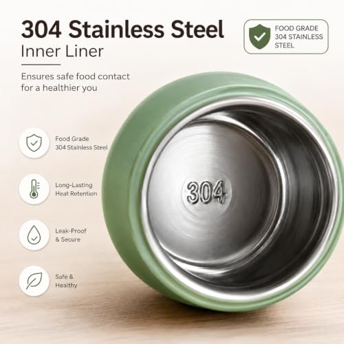 Image of 530ml Insulated Lunch Pot with Built-in Spoon | 304 Stainless Steel Food Jar, Double Wall Thermal Insulation | Leakproof Soup Container | Bento Box for Office, School & Travel - Green