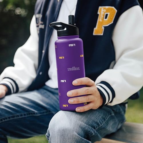 Image of Logo Brands NCAA LSU Tigers Step & Repeat 34 oz Stainless Steel Quencher Bottle - All Over Logo Design, No-Spill Lid, Easy Carry Handle - Keeps Drinks Cold For Hours