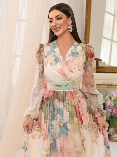 Image of TOLEEN Summer Casual Dresses for Women 2024 Spring Fashion Boho V Neck Long Sleeve Ruffle Floral Print Elegant Maxi Dress