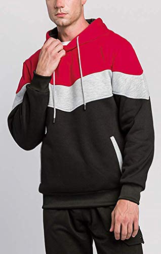 Wielsscca Mens Hoodies Pullover Color Block Fleece Sweatshirt Tops With Pocket Red L #TOP4