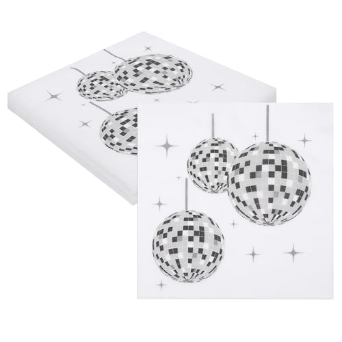 finemark Lot de 40 serviettes de table pour anniversaire, boule disco, 33 x 33 cm, décoration de fête discothèque, avec motif argenté pour décoration de...