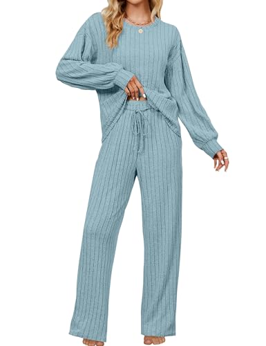 Image of Blooming Jelly Women Ribbed Long Sleeve Pajama Sets Fall Loungewear Pockets | 2 Piece Lounge Pj Matching Set Cute Casual Outfit Fleece Drawstring Crew Neck Wide Leg Flannel Soft Sleepwear