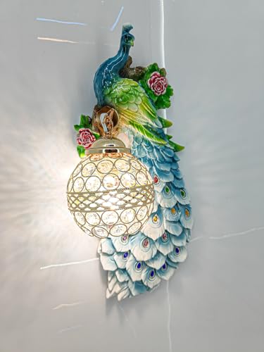 Image of swanart Decorative Plumora Peacock Wall Light with Crystal Lamp - 46 cm Artistic LED Wall Mount Light, Vibrant Colors & Gold Accents for Bedroom, Living Room, and Hallways - 3D Handcrafted Design