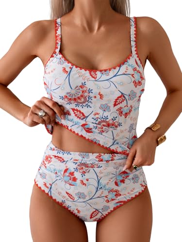 Image of Eomenie Tankini Swimsuit for Women Tummy Control Ruched Two Piece Bathing Suits High Waisted Shell Stitch Swimwear