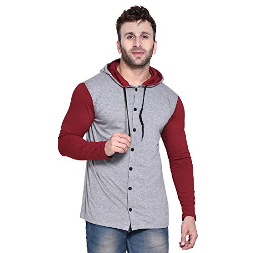 Image of Geum Men's Full Sleeve Hooded T-Shirt with Button-Down Front | Casual Slim Fit Cotton Shirt-Style Tee
