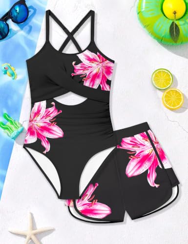 Image of Girl Swimsuit One Piece Cutout Ruched Bathing Suit for Girls Color Block Adjustable Straps Pad Swimwear 9-18y