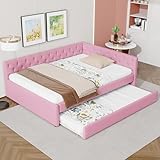 DNYN Full XL Size Upholstered Daybed with Trundle(Twin XL),Solid Wood Bedframe w/Tufted Button Design,Easy Assembly & Super Save Space, Pink