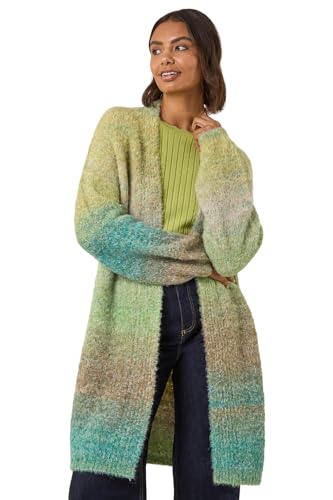 Roman Women Fluffy Cardigan Ladies Winter Cardi Longline Edge to Edge Ombre Coatigan Casual Sparkly Glittery Jacket Knitwear Knitted Autumn Fleecy Cosy Soft Coats - Green Ombre - Size 14