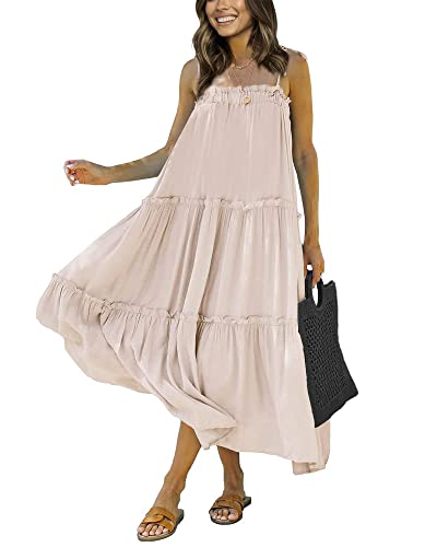 Btfbm Women 2023 Summer Maxi Dresses Sleeveless Spaghetti Strap Casual Sundress Tiered Ruffle Boho Cami Beach Long Dress(Solid Apricot, Small) #TOP19
