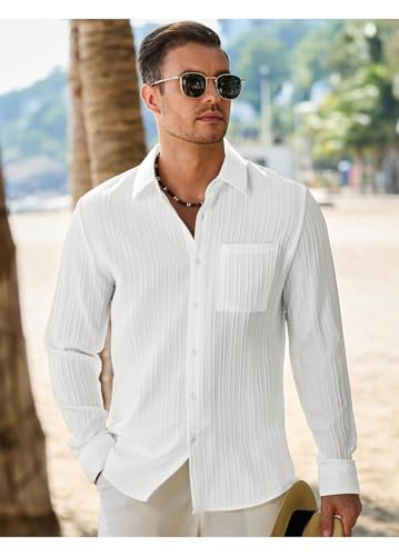 DEELMO Men's Regular Fit Button Down Dress Shirts Textured Long Sleeve Casual Hawaiian Beach Shirt with Pocket
