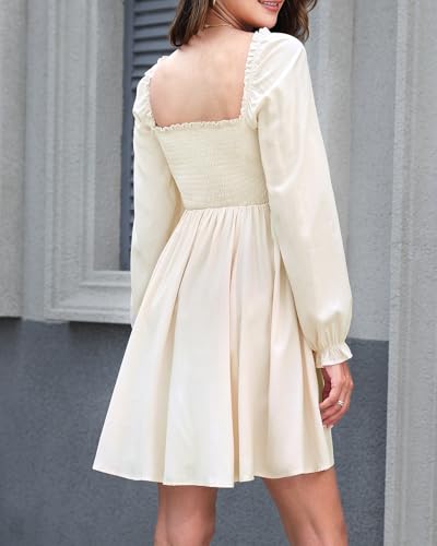Image of Holipick Women's Casual Square Neck Smocked Dress Shirred Ruffle Puff Sleeve High Waist Cute Flowy A-Line Short Dress