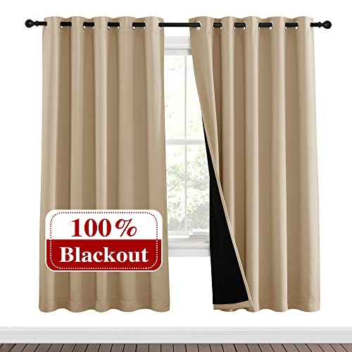 Image of NICETOWN Living Room Completely Shaded Draperies, Privacy Protection & Noise Reducing Ring Top Drapes, Black Lined Insulated Window Treatment Curtain Panels(Biscotti Beige, 2 Pieces, W62 x L72)