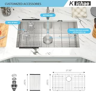 Kichae 30 Inch Undermount Kitchen Sink Single Bowl 16 Gauge Stainless Steel Under Counter Round Corner Handmade Kitchen Sink Single Basin,30x18x9 Inch