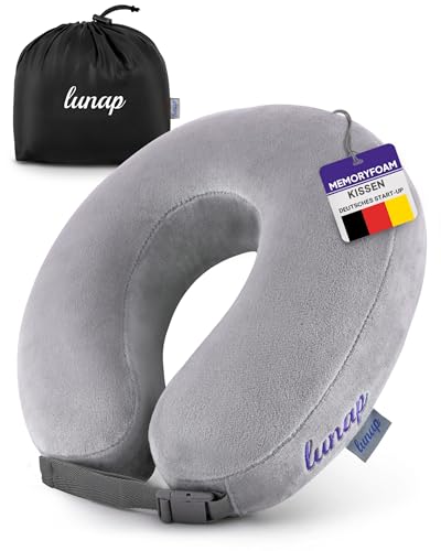 lunap Reisekissen Flugzeug | Nackenkissen Memory Foam flauschig + waschbar | Nackenhörnchen Erwachsene | Nackenkissen Flugzeug, Auto | Travel Pillow Neck GRAU | Reise Kissen