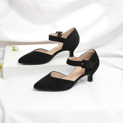 RIBONGZ Comfortable Kitten Heels for Women Pointed Closed Toe Ankle Strap Buckle Heels Slip on Low Heel Church Pumps Wedding Bridal Party Dressy Shoes2