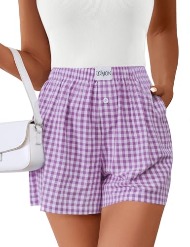 Image of LOMON Boxer Shorts for Women Summer Gingham Pajamas 2026 Lounge Sleep Pj Plaid Shorts Y2K Beach Bottoms with Pockets