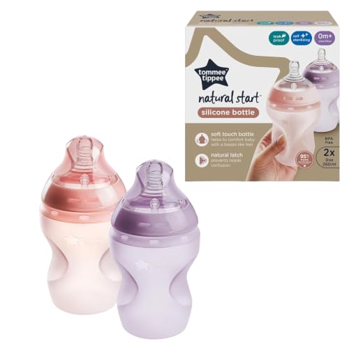 Image of Tommee Tippee Natural Start Anti Colic 9 oz BPA Free Silicone Baby Bottles, 0+ Months, Silicone Feels Like Mother's Skin, Slow Flow Breast-Like Nipple, Pink and Purple, Pack of 2 | Pack of 2, Silicone, Slow Flow Breast-Like Nipple, Pink & Purple, BPA Free