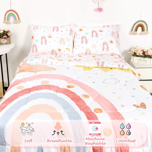 Image of Twin Size Toddler Bedding Set for Girls- 5 Piece Rainbow Toddler Girl Bedding, Super Soft & Lightweight Toddler Comforter Set Includes Comforter, Flat Sheet, Fitted Sheet, Pillowcase (Pink)