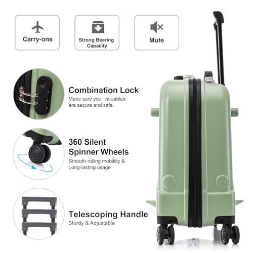 Apelila 22 inch Ride on Suitcase for Kids Travel Trolley Luggage with Spinner Wheels for Child with Combination Lock/Safety Belt/Telescoping Handle (Green)