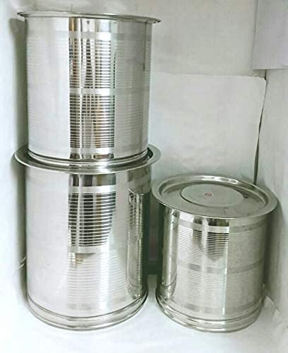 Image of Stainless Steel Storage Heavy Kothi /Drum /PAWALI Set of 3 Piece with LID /for atta rice food /cookies /STORAGEGRAINS /AATA /Water / - 10 kg, 15kg, 20 kg, 3 Pieces, Steel mfg by RAJLAXMIS