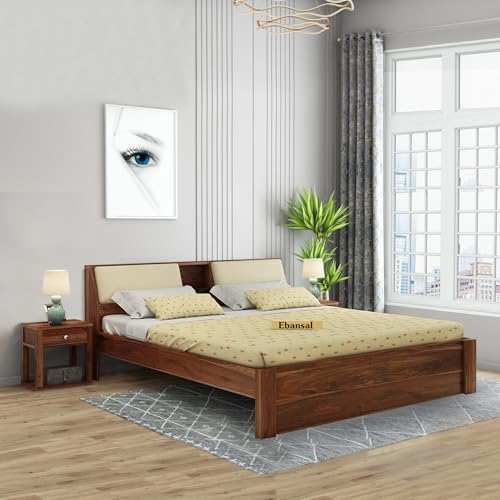 Image of Solid Sheesham Wood Mayor Queen Size Bed Without Storage and Headboard Storage for Bedroom Wooden Double Beds Home Furniture for Living Room Hotels (Honey Finish)