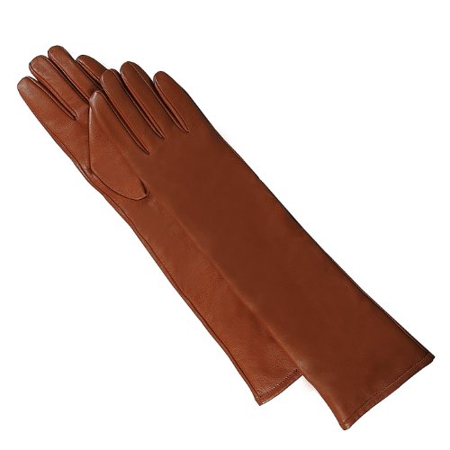 Luxury Lane Women's Long Lambskin Leather Gloves with Cashmere Lined Tobacco Medium