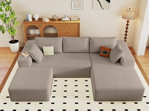 Image of 96 inch Modular Sectional Sofa with Ottoman, Modern Corduroy Cloud Couch with Deep Seat, Boneless Couch Upholstered 3-Seater U-Shaped Sofa for Living Room, No Assembly (Camel, Right-Facing Chaise)