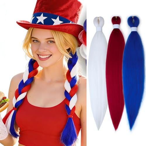 Siphis Colored Braiding Hair Extensions Red White Blue Jumbo Crochet Synthetic Hair Extension for Women Girls Box Twist Braids Crochet Braiding Hair cosplay July 4th National Day Independence 26 Inch