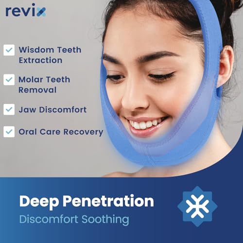 Image of REVIX Face Ice Pack for Wisdom Teeth, 3D Sewing Ice Pack Head Wrap for TMJ Discomfort, Jaw Soreness, Dental Caries and Tooth Extraction, Extra Snug Fit with 4 Hot and Cold Pads, Blue