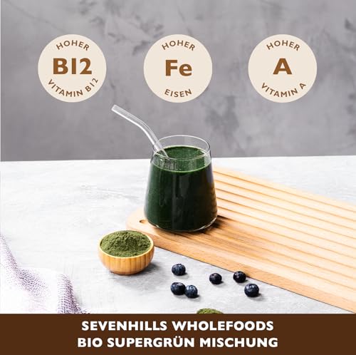 Sevenhills Wholefoods Bio-Super-Greens-Mischung mit Spirulina, Chlorella, Weizengras, Gerstengras | Unterstützt Haut, Immunität | 200g, 40 Portionen | Grünes Superfood-Pulver