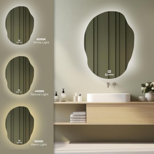 Image of 24x24 Inch Round Glass Wall Mounted LED Mirror with Smart Touch Sensor & 3 Color Lights (Warm, Cool, Natural) for Bathroom, Washbasin & Vanity (Oval)