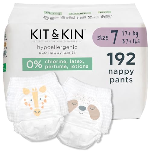Kit & Kin Eco Nappy Pants talla 7 (15+ kg / 33+ lbs) | Pañales hipoalergénicos ecológicos | 12 paquetes = 192 pañales | Pañales a base de plantas | Hasta 12 horas de protección contra fugas