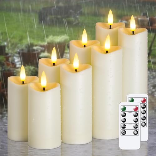 Image of Waterproof Flameless 2.2 inch x4 inch 4 inch 5 inch 5 inch 6 inch 6 inch 7 inch 7 inch Pillar Candles with Remote Control and Timer, LED Ivory Battery Operated Plastic Wave-Shaped Design Pack of 8 Outdoor Flickering