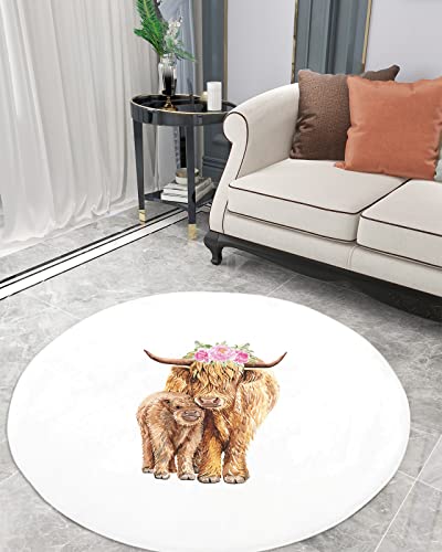 Image of Soft Round Area Rug for Bedroom Living Room Spring Scottish Highland Cow White Back,Fluffy Shaggy Floor Carpet Mat Cartoon Animal Pink Flower,Non Slip Fuzzy Rugs for Nursery Room Decor