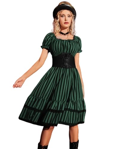 Image of Scarlet Darkness Womens Gothic Pirate Corset A Line Midi Dress with Pockets | Convertible square /off shoulder midi dress with puff short sleeves, stretch smocked waist, side pockets, tiered A-line hem