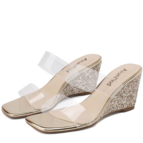 Wedge Sandals for Women Square Open Toe Wedge Heels Clear Two Strap Slip on Sandals Glitter Heels Transparent Slides Shoes3