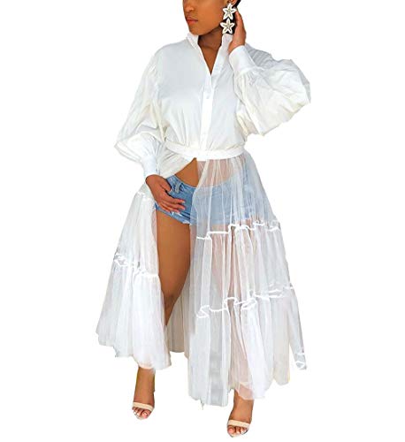 acelyn Women's Sexy Shirt Maxi Dresses - Long Sleeve Flowy Sheer Mesh Clubwear Casual Plus-Size Long Skirt White