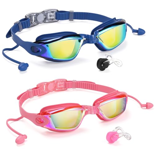 Aegend Swim Goggles 2-Pack, No Leaking Anti-Fog UV Protection Mirrored Swim Glasses for Adult Men Women, Wide View Outdoor (Navy Blue/Gold Plated + Rose Red/Gold Plated)