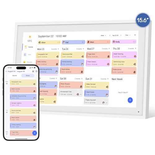 HoziRes Digitaler Kalender, 15,6'' Elektronischer Wandkalender, 2025 Familienplaner 1920x1080 FHD Touchscreen Display mit 32GB Speicher, Smart Kalender Sync Schedule & Teilen Momente über App-Weiß