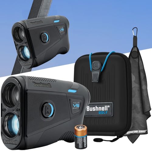 Bushnell Golf Tour V6 Shift Laser Rangefinder, Black | Slope Compensation, PinSeeker, Magnetic Mount, 6X Magnification, 1300 Yard Range, 3D Flyovers in App, Signature Series Golf Towel Bundle