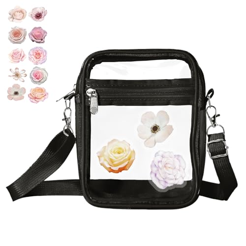 DIY Transparent Crossbody Bag with 10PCS Flower Stickers at Random, Stadium Approved Clear Purse with Strap, Black