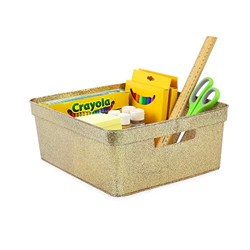 Isaac Jacobs Medium Glitter Storage Bin (14” X 11.5” X 5.5”) Set W/Cut-Out Handles, Plastic Organizer, Multi-Functional, Home Storage Solution, Kids Playroom, Bedroom, Closet (2, Gold) #TOP3