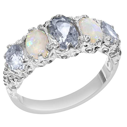 925 Sterling Silver Real Genuine Aquamarine and Opal Womens Band Ring