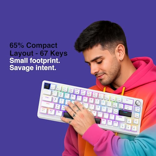Image of FINGERS Savage-MK2 Wired Mechanical Gaming Keyboard (65% Compact 67 Keys, Hot-Swappable Switches, 2-Layer Gasket, 11 RGB Modes, Volume Control Knob, 100% Anti-Ghosting, 50M Keystrokes) - Crystal White