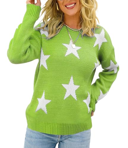 Image of ebossy Women's Sweet Cute Star Graphic Long Sleeve Artistic Aesthetic Cable Knit Sweater Pullovers