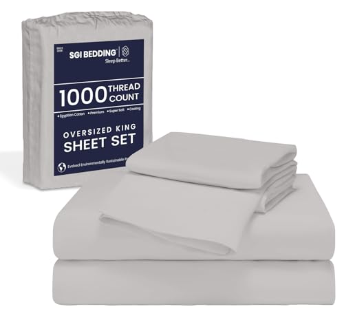 SGI bedding 96"x96" 4 Pc Vermont King Sheet 1000 Thread Count 100% Egyptian Cotton - Deep Pocket 15" Ultra Soft, Breathable, Hotel Quality Sheets, Oversized Bed Sheets, Light Grey