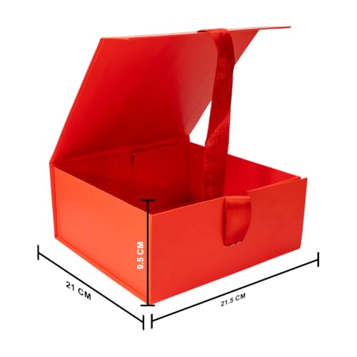 Image of Kura by Ekhasa Foldable Large Multipurpose Gift Hamper Box (21.5 x 21 x 9.5 cm) with Magnetic Closure & Ribbon | Red Rigid Cardboard Empty Reusable Packing Box | Birthday, Wedding & Festive Gifting